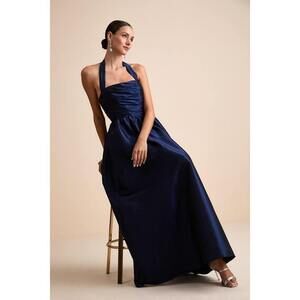 Lulus Rani Navy Taffeta Halter Maxi Dress Blue - Size S